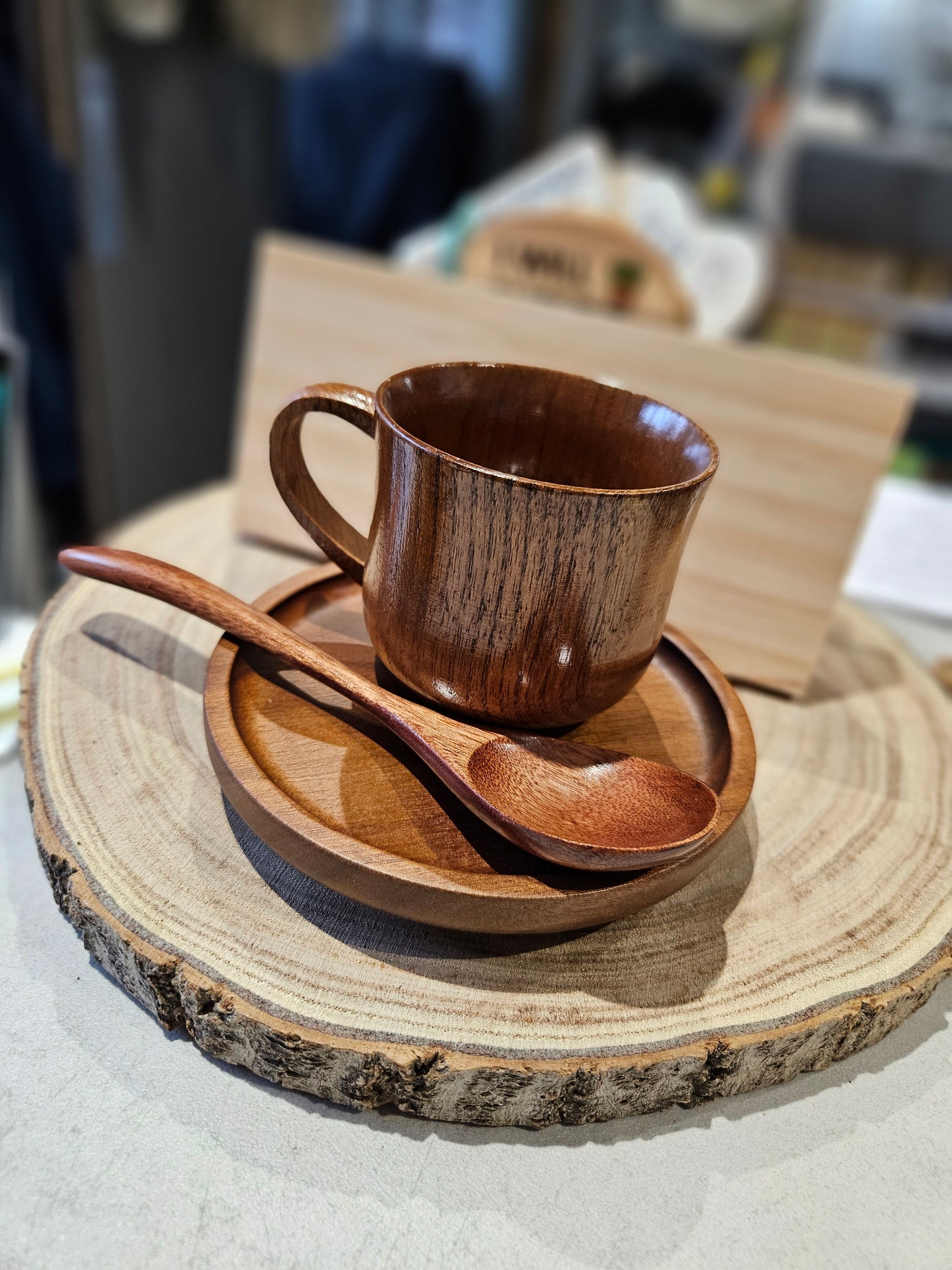 Wooden Cup and Saucer/SidePlate - with spoon