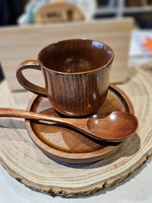 Wooden Cup and Saucer/SidePlate - with spoon