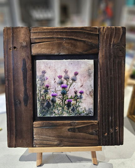 WOODEN ARTWORD - Framed Photo Encaustic Art Thistle Love