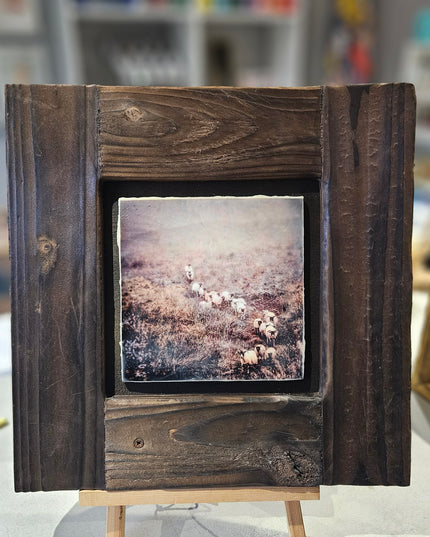 WOODEN ARTWORD - Framed Photo Encaustic Art Downhill Sheep
