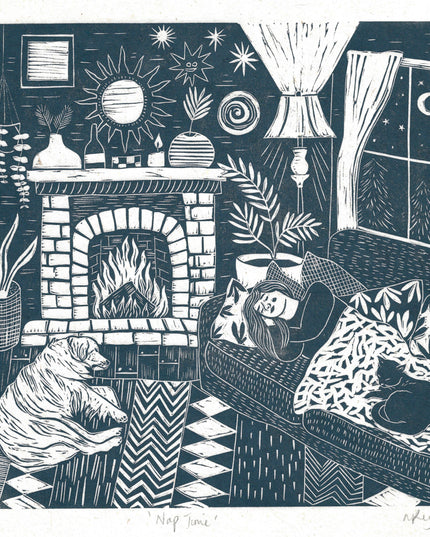 Nap Time Card. *cosy, fire, cottage, dog, cat, boho*