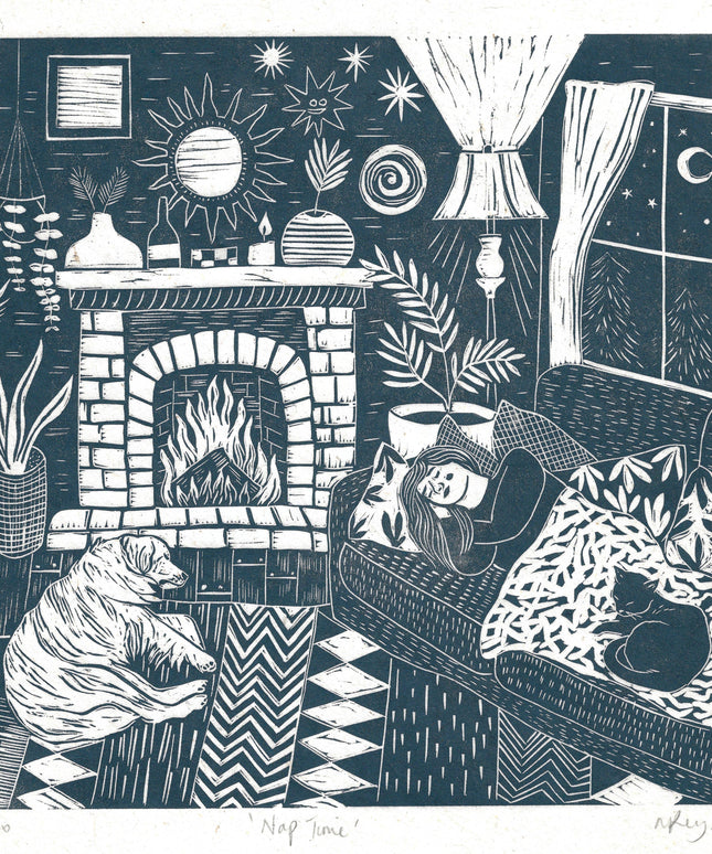 Nap Time Card. *cosy, fire, cottage, dog, cat, boho*