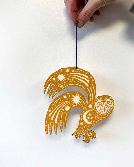 Screenprinted Wooden Decoration - Owl - Yellow Ochre