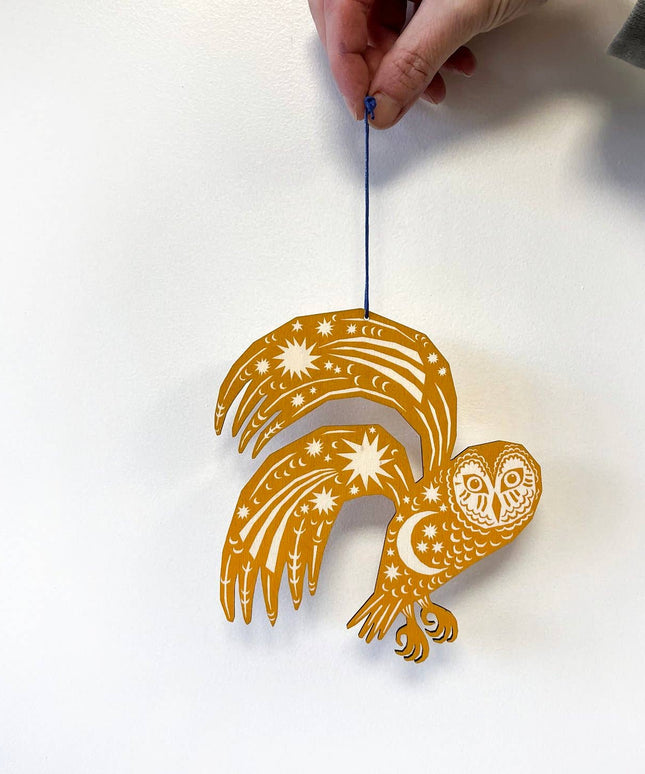 Screenprinted Wooden Decoration - Owl - Yellow Ochre