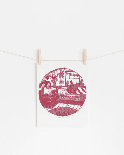 'At Home Riso Print *cosy interior, boho, winter art, dog art*