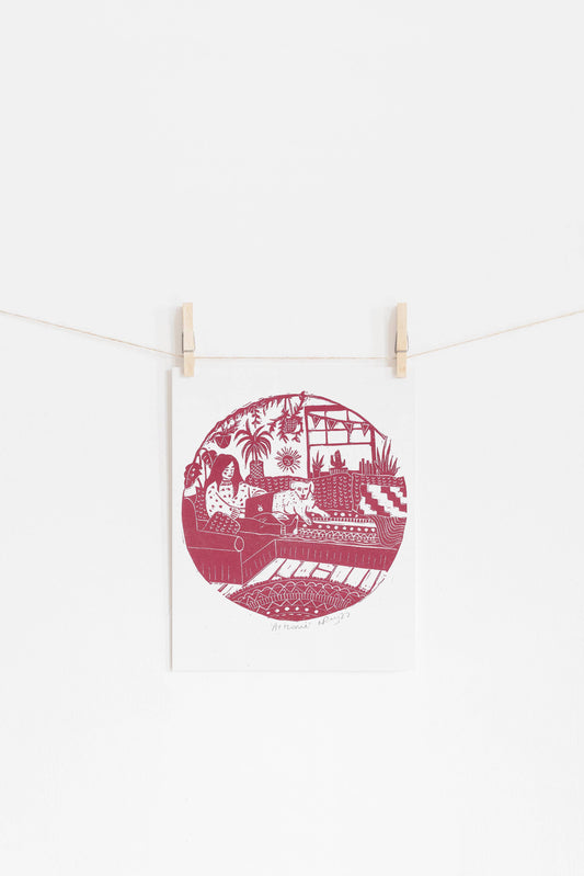 'At Home Riso Print *cosy interior, boho, winter art, dog art*