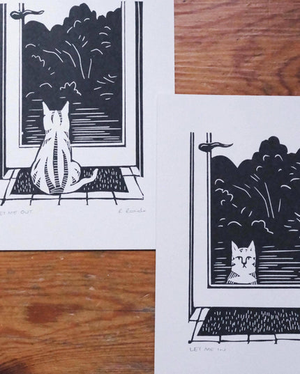 Let Me Out - Risograph A5 print - Cat Door art
