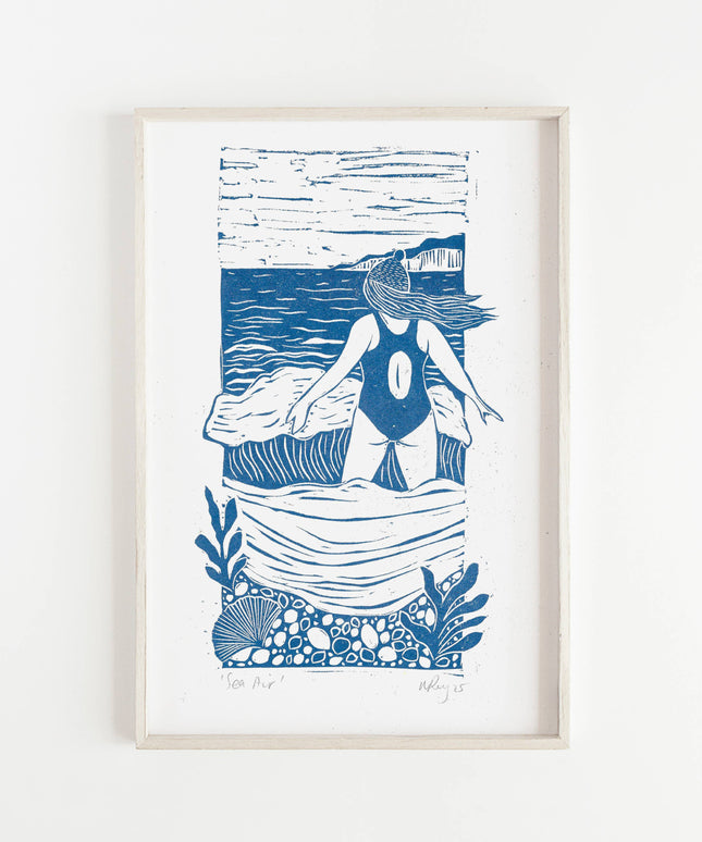 Sea Air Riso Print *swimmer, sea swim, windy, nature, woman*