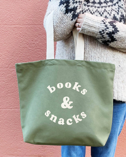 Books & Snacks - Olive Green Canvas Tote Bag