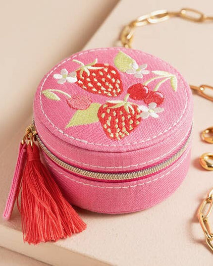 Strawberry Embroidered Travel Round Jewellery Case in Pink