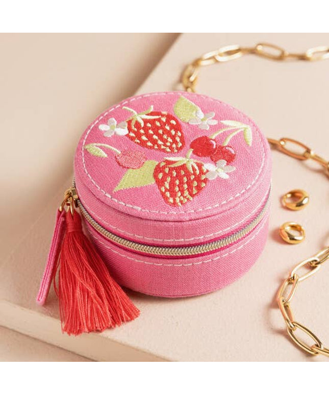 Strawberry Embroidered Travel Round Jewellery Case in Pink
