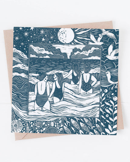 Into the Waves Card, swimming, seaside, friends, ocean, blue