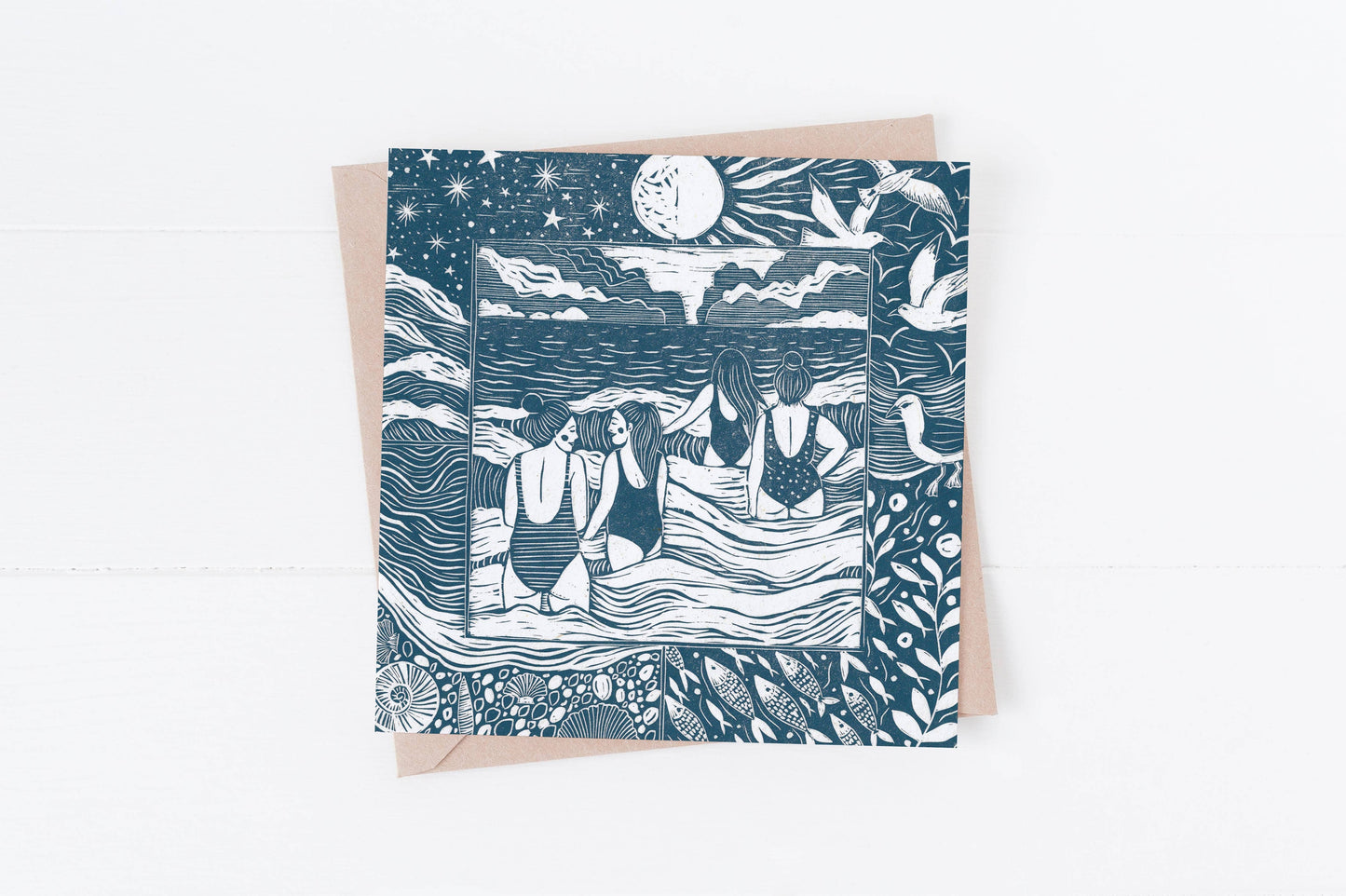 Into the Waves Card, swimming, seaside, friends, ocean, blue