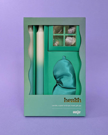 Saje Health Candle, Crystal & Eye Mask Set - Includes Two Candles and Four Crystal Stones