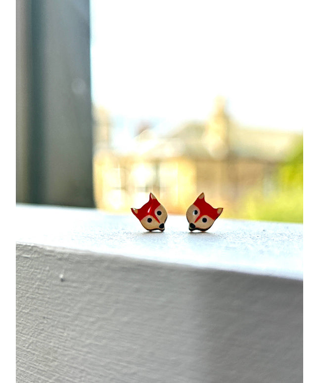 Cute Wooden Fox STUD Earrings - Made in Scotland