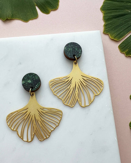 Gold Gingko Leaf Plant Drop Stud Earrings