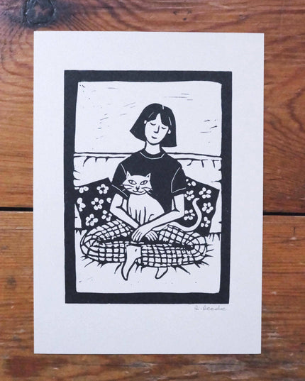 Mogs Before Men - Risograph A5 print - cat and girl