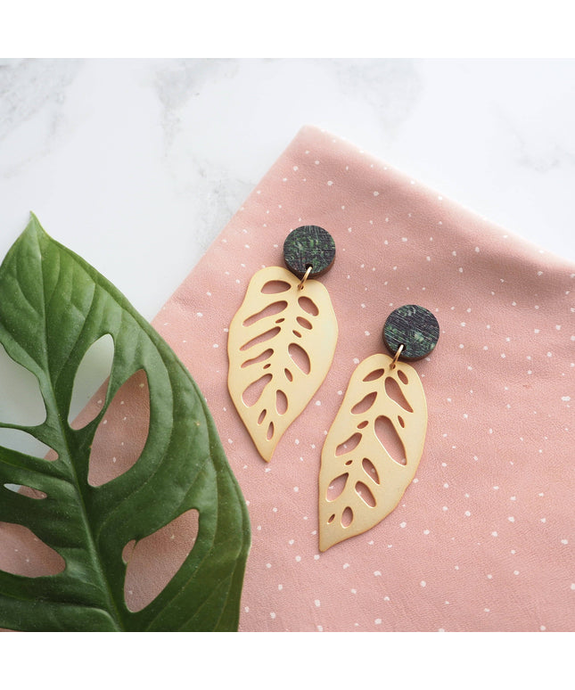 Gold Monstera Obliqua Drop Earrings