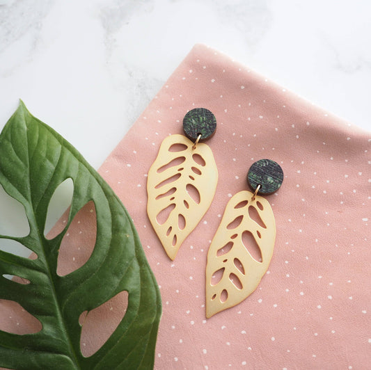 Gold Monstera Obliqua Drop Earrings