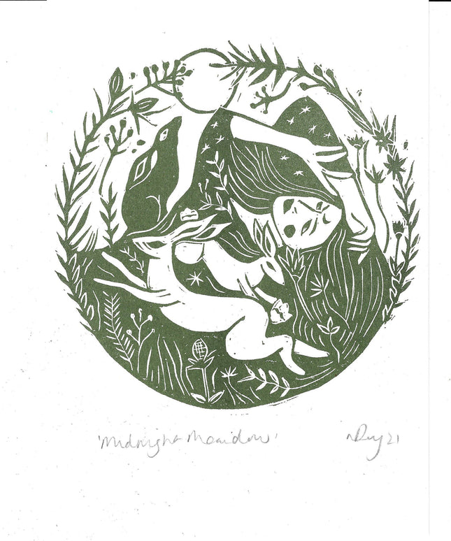 Midnight Meadow Riso Print *witchy, hare and moon *