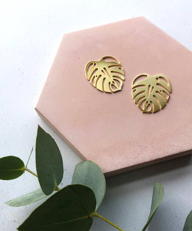 Gold Monstera Leaf Houseplant Stud Earrings