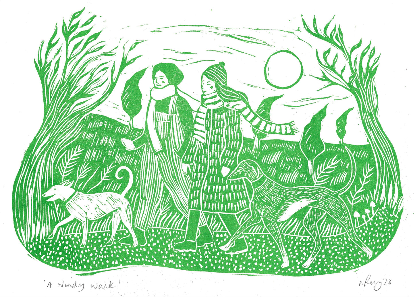 'A Windy Walk' Riso Print *dog art, autumn dog walk scene*
