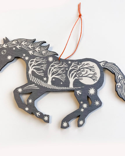 Screenprinted Wooden Decoration - Horse - Grey