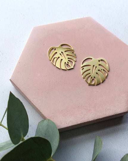 Gold Monstera Leaf Houseplant Stud Earrings