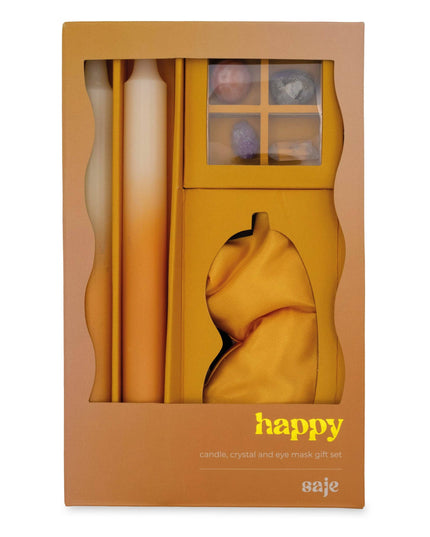 Saje Happy Candle, Crystal & Eye Mask Set - Includes Two Candles And Four Crystal Stones