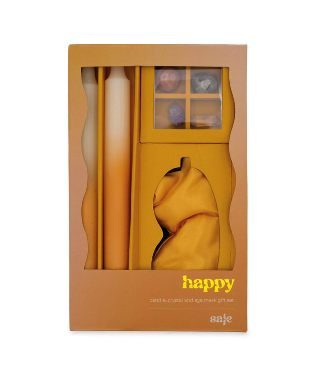 Saje Happy Candle, Crystal & Eye Mask Set - Includes Two Candles And Four Crystal Stones