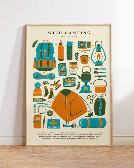 Wild Camping Kit Essentials | Retro Adventure Art Print (A4)