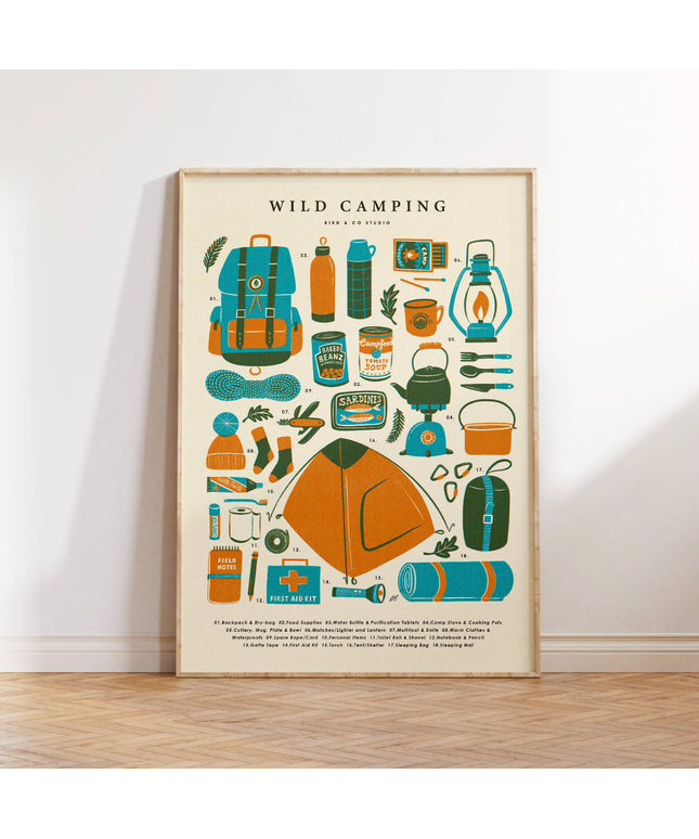 Wild Camping Kit Essentials | Retro Adventure Art Print (A4)