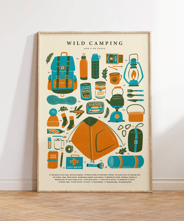 Wild Camping Kit Essentials | Retro Adventure Art Print (A4) A4 - 210 x 297 mm (8.3 x 11.7 inches)
