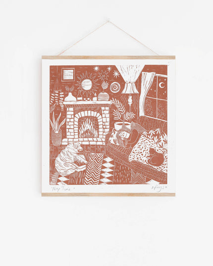 Nap Time Riso Print *cosy, indoor, cat, dog, woman, boho*