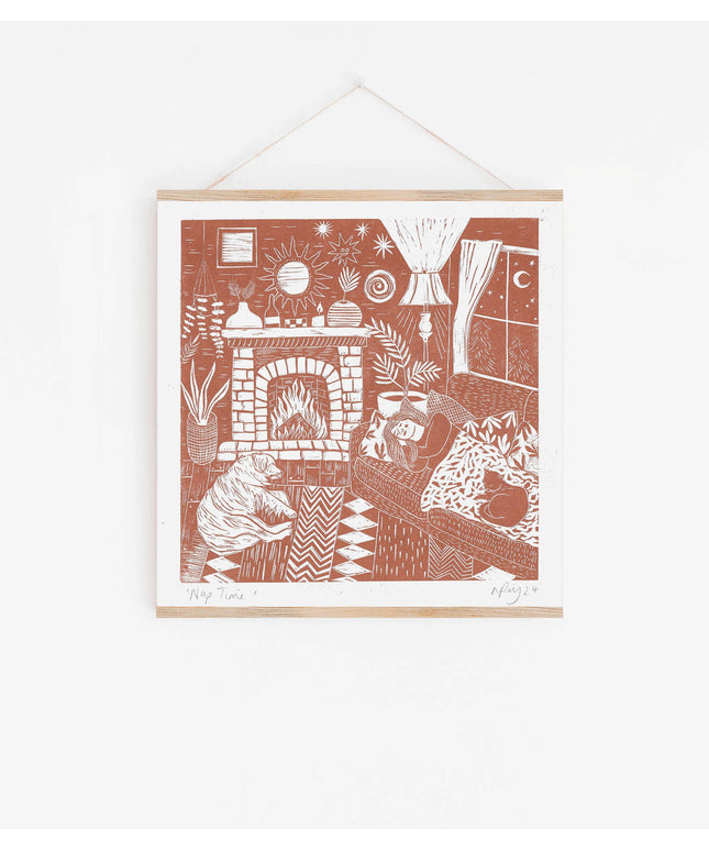 Nap Time Riso Print *cosy, indoor, cat, dog, woman, boho*
