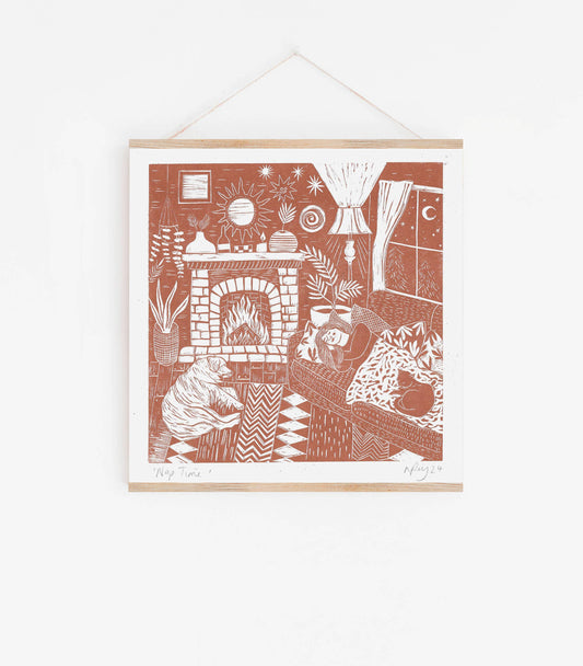 Nap Time Riso Print  *cosy, indoor, cat, dog, woman, boho*