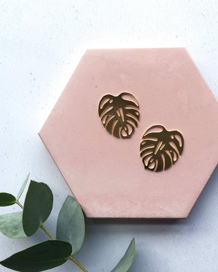 Gold Monstera Leaf Houseplant Stud Earrings