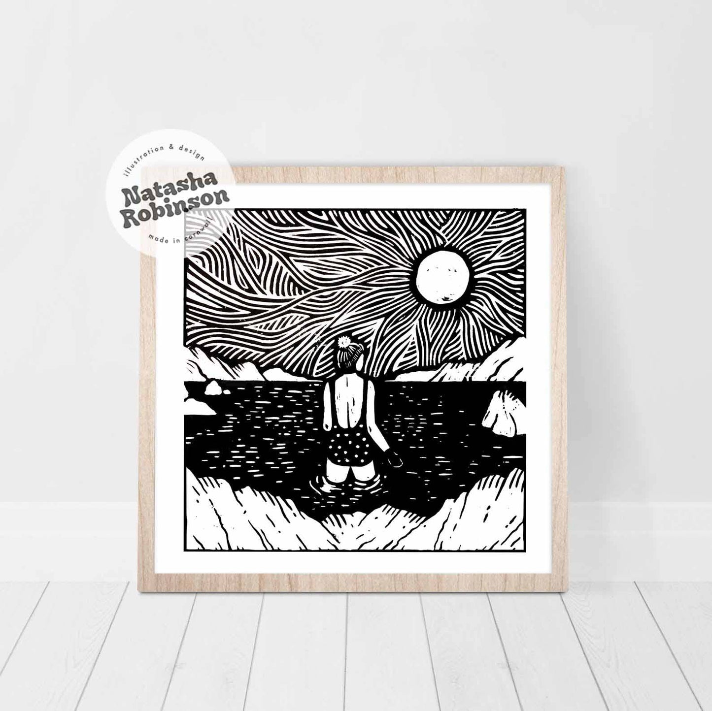 'A Cold Swim' Square Lino Print Wall Art