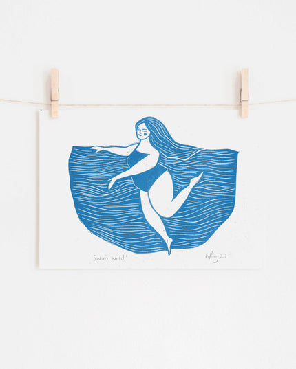 Swim Wild Riso Print *swimming, curvy art, swimmer, sea*