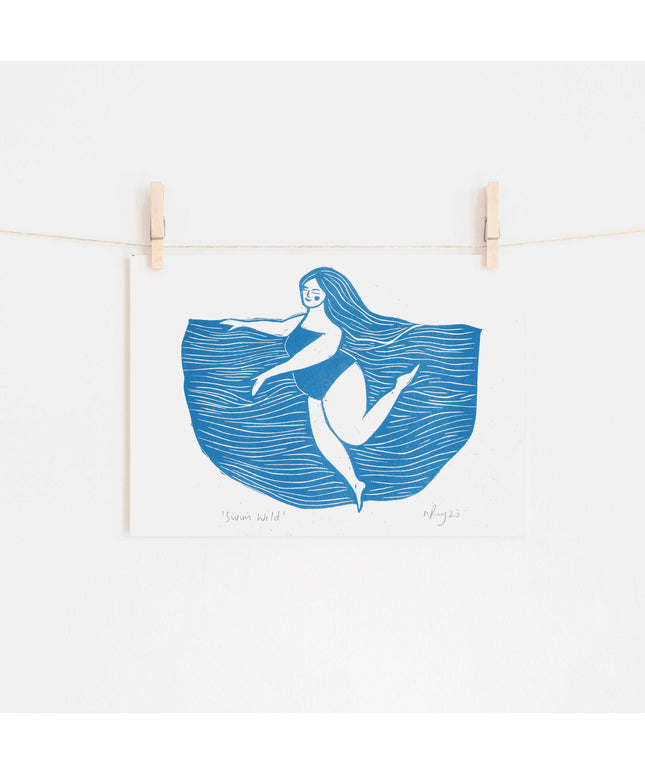 Swim Wild Riso Print *swimming, curvy art, swimmer, sea*