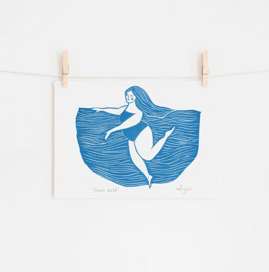 Swim Wild Riso Print     *swimming, curvy art, swimmer, sea*