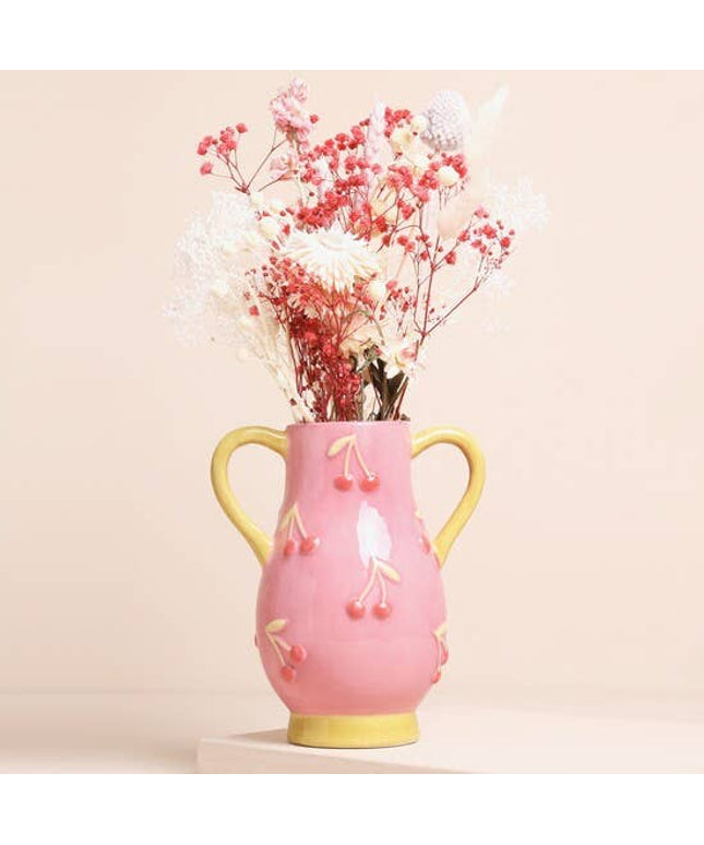 Pink and Yellow Embossed Cherry Ceramic Vase