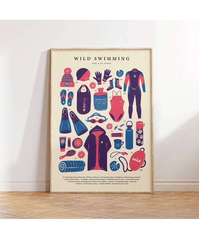Wild Swimming Kit Essentials | Retro Adventure Art Print (A4)
