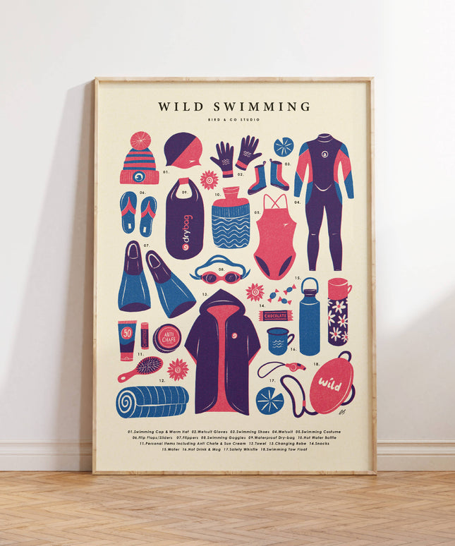Wild Swimming Kit Essentials | Retro Adventure Art Print (A4) A4 - 210 x 297 mm (8.3 x 11.7 inches)