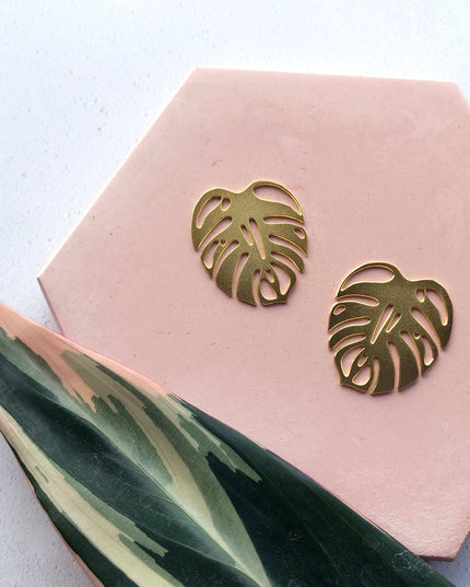 Gold Monstera Leaf Houseplant Stud Earrings