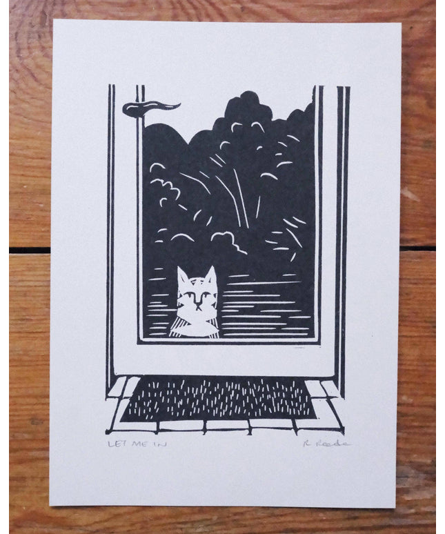 Let Me In - Risograph A5 print - Cat Door art