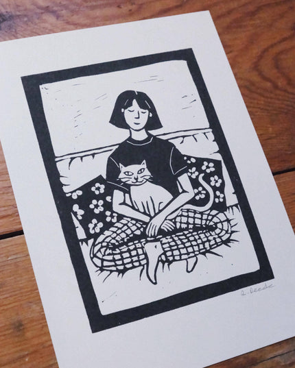 Mogs Before Men - Risograph A5 print - cat and girl