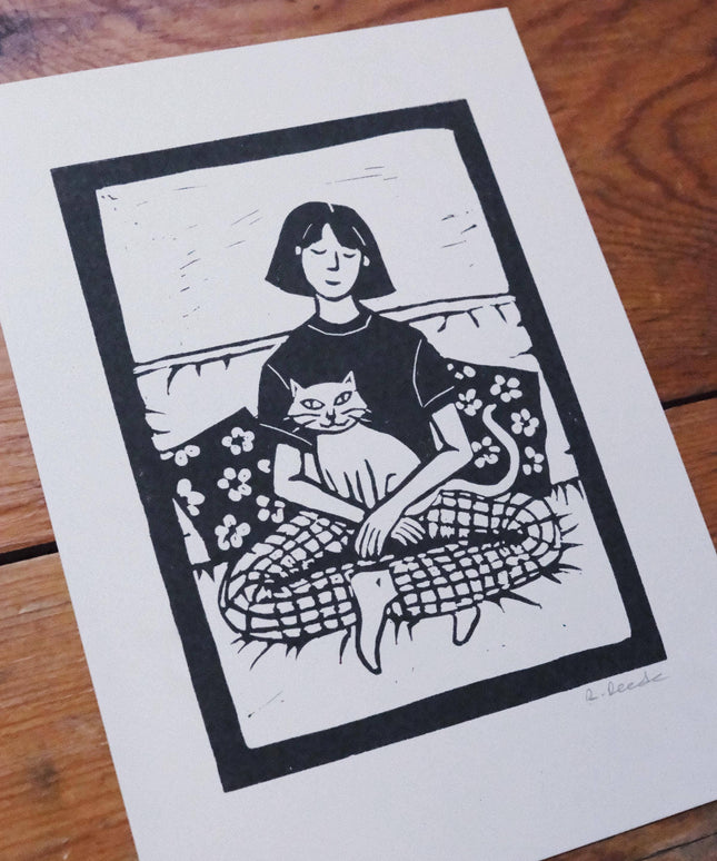 Mogs Before Men - Risograph A5 print - cat and girl