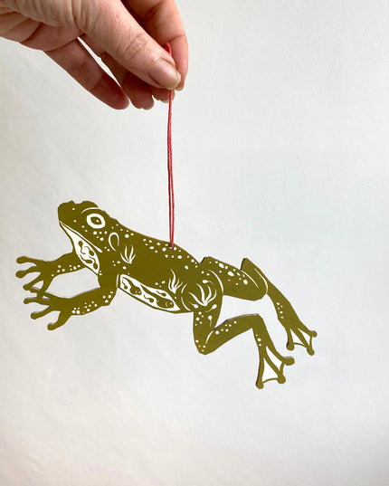 Screenprinted Wooden Decoration - Jumping Frog - Olive Green