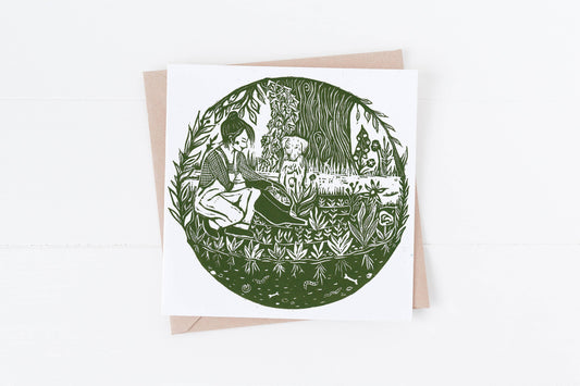 The Gardeners Card *garden, plants, grow, dog, tree, woman*